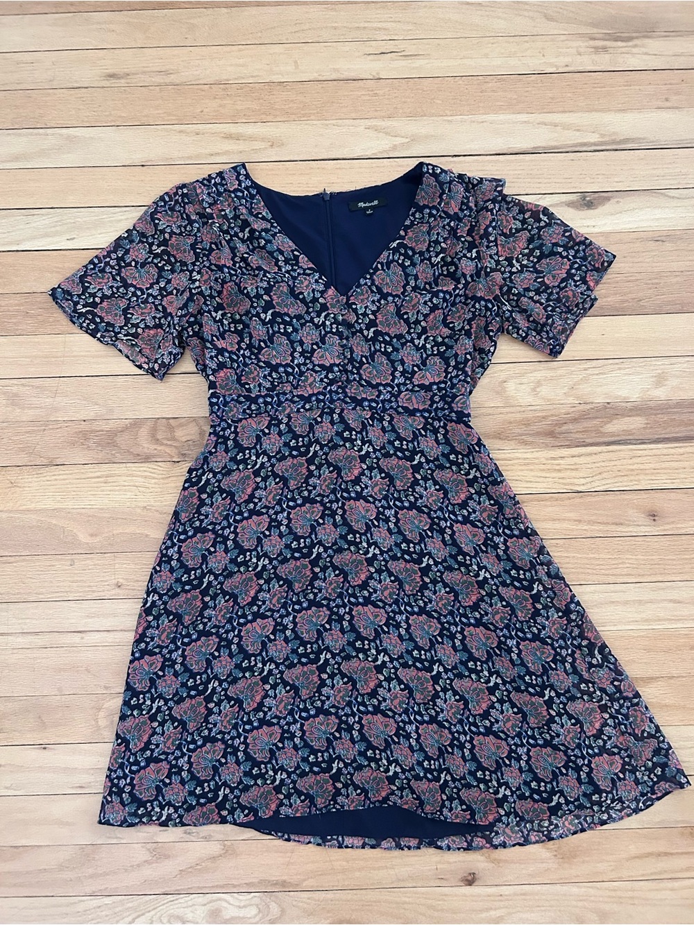 Madewell Navy Flutter Sleeve Mini Dress with Pink Floral Print